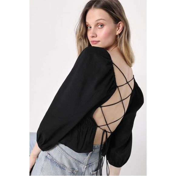 Tops - Lulus Flirty Reveal Black Smocked Puff Sleeve Lace-Up Crop Top